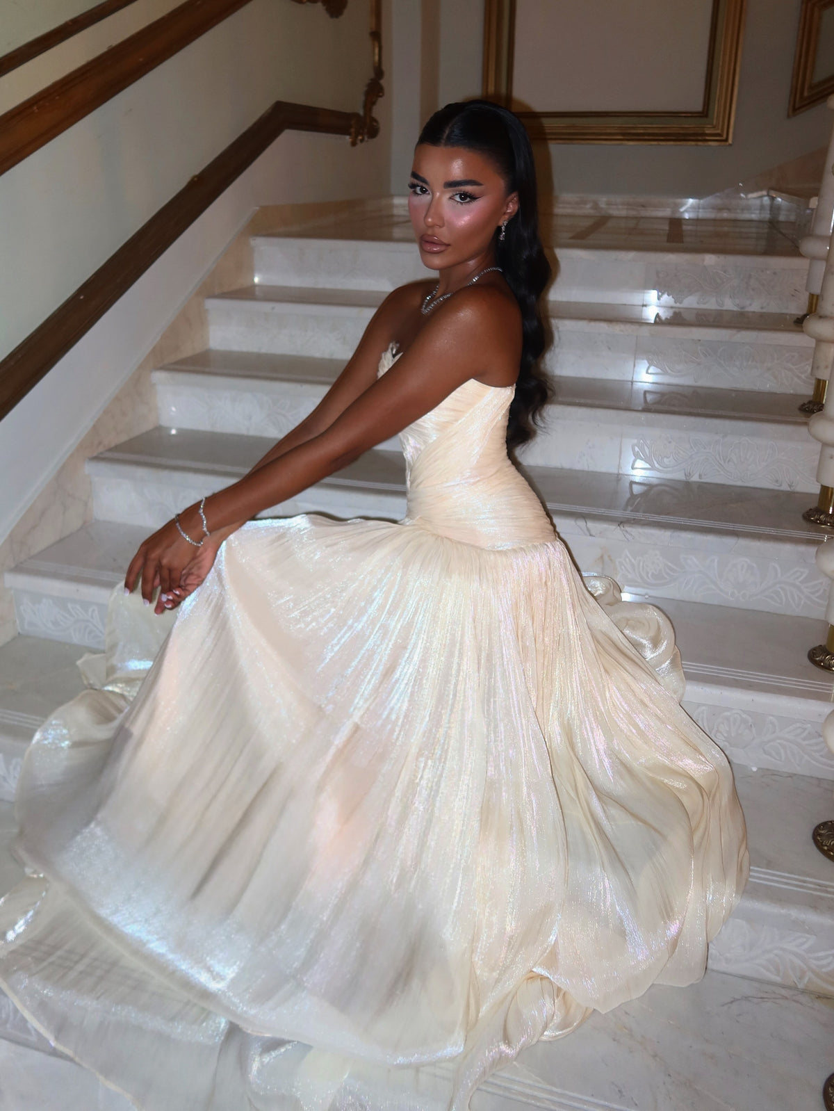 Strapless Ruched Bodice Shimmer Evening Gown