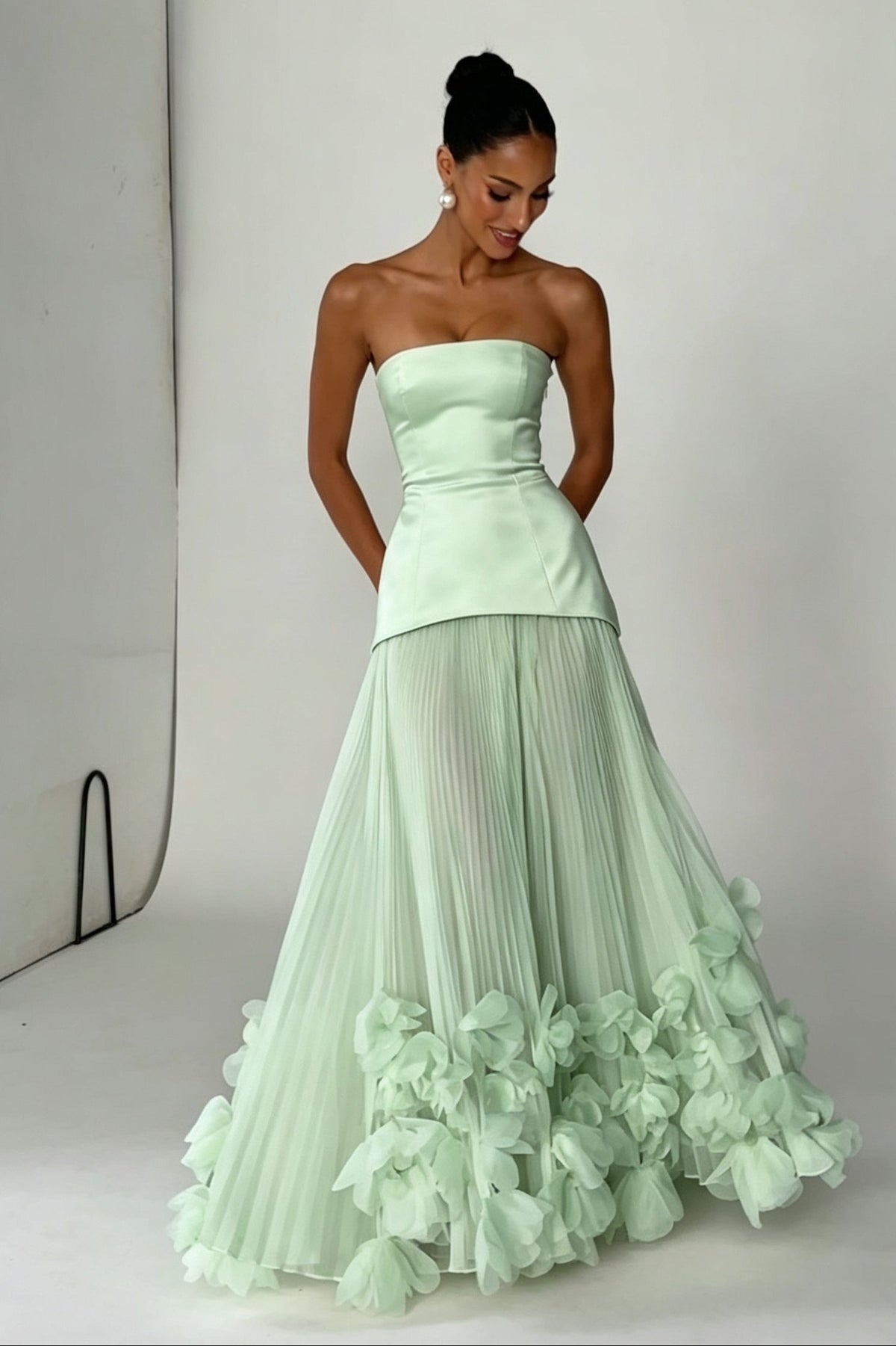 Strapless Pleated Evening Gown with 3D Floral Hem