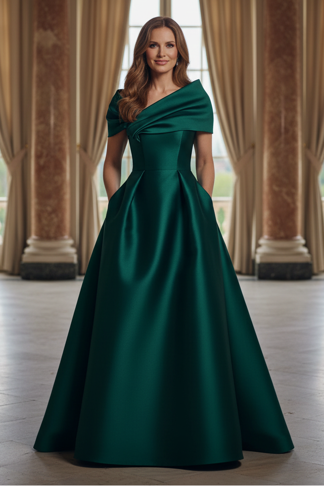 Foldover Neckline Satin Ball Gown with Pockets