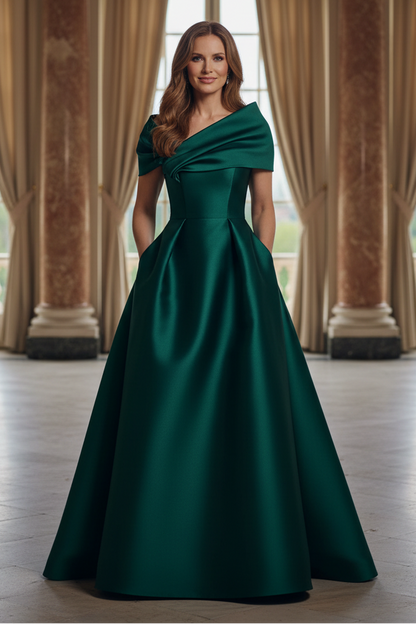 Foldover Neckline Satin Ball Gown with Pockets