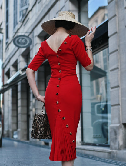 Button-Back Midi Sheath Dress with Pleated Hem