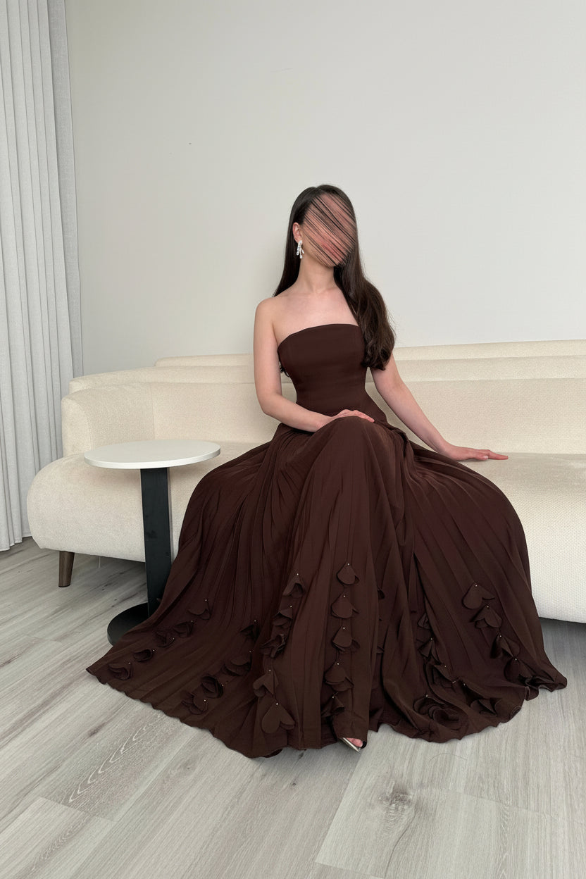 Corset Pleated Evening Gown with Tiered Appliques