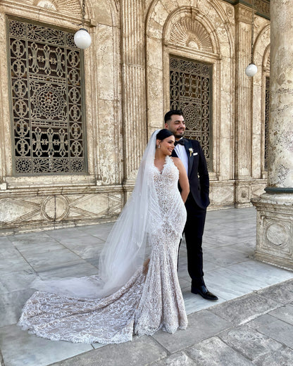 Halter Lace Mermaid Wedding Dress with Detachable Train