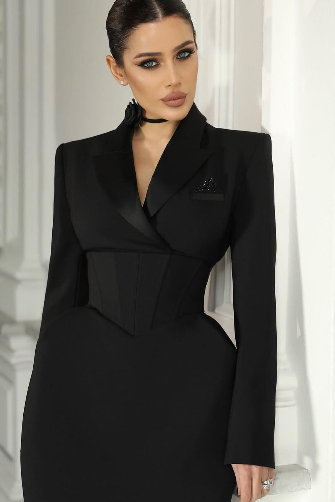 Long Sleeve Blazer Dress with Lace-Up Corset Waist