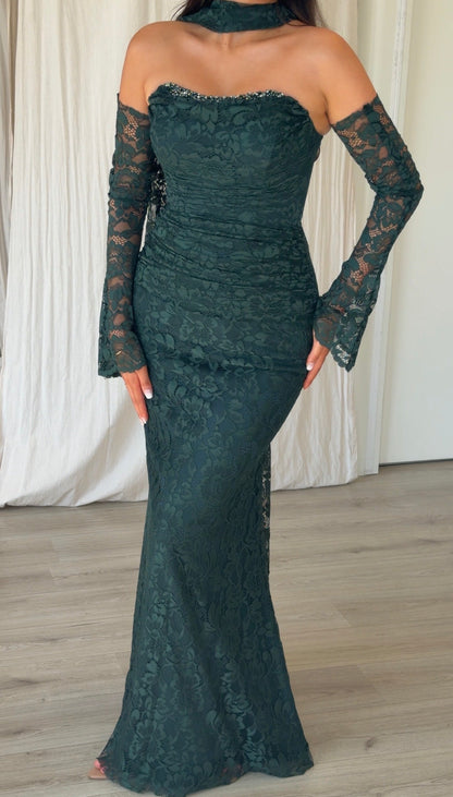 Lace Strapless Maxi Dress with Sleeves & Choker