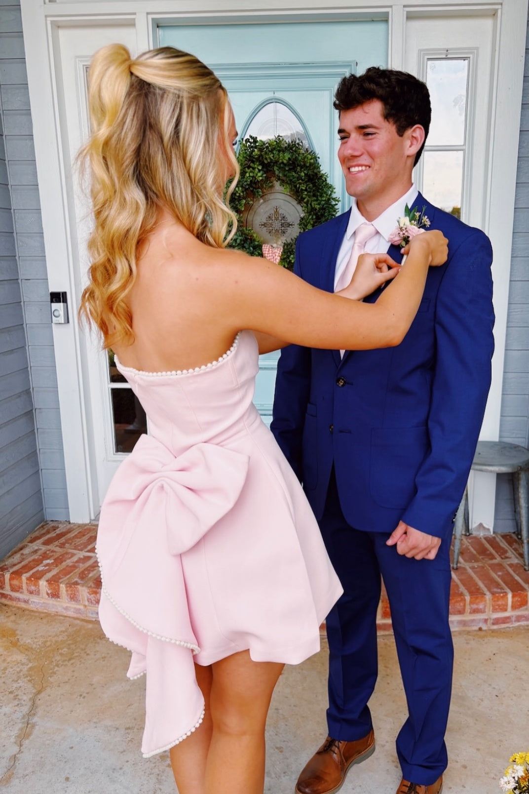 Strapless Pearl-Trimmed Mini Dress with Statement Bow