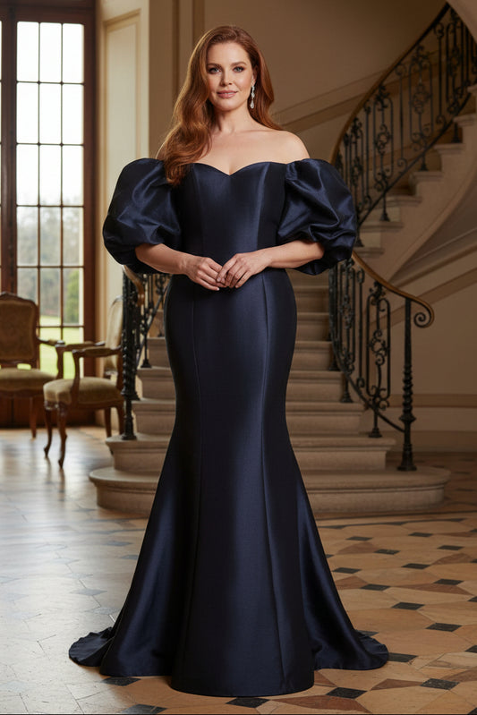 Off-Shoulder Puff Sleeve Satin Mermaid Gown