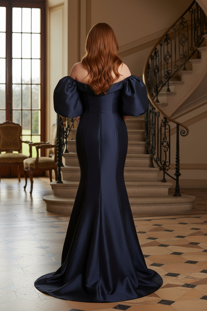 Off-Shoulder Puff Sleeve Satin Mermaid Gown