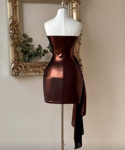 Strapless Corset Metallic Mini Dress with Side Drape