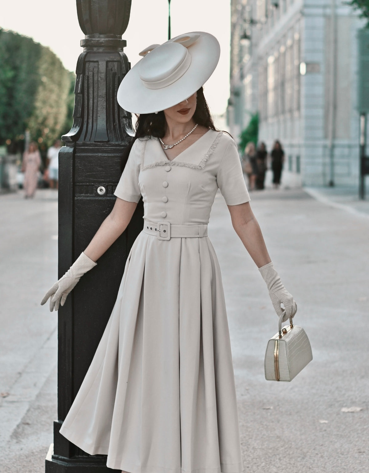 Vintage-Inspired Belted Button-Front Midi Dress
