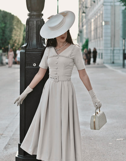 Vintage-Inspired Belted Button-Front Midi Dress