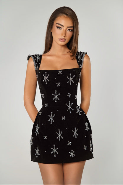 Velvet Mini Dress with Crystal Star Embellishments