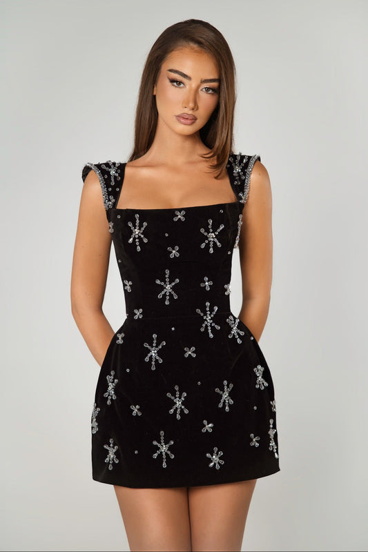 Velvet Mini Dress with Crystal Star Embellishments
