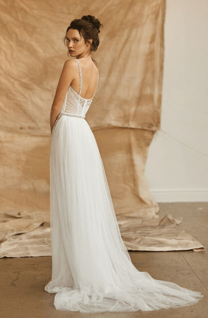 Corset Tulle A-Line Bridal Gown with Beaded Straps
