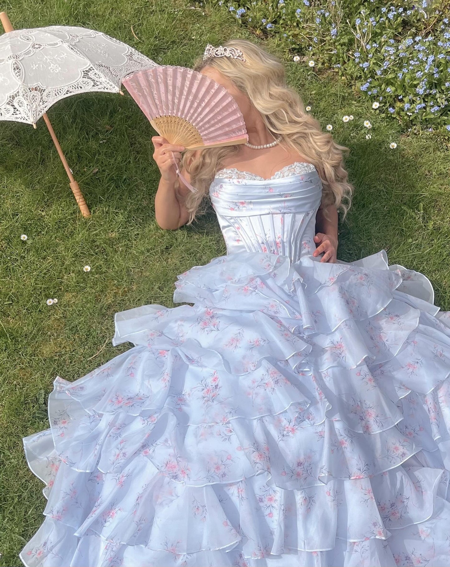 Floral Print Tiered Corset Ball Gown