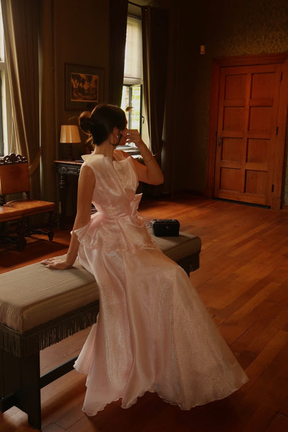 Sleeveless Maxi Gown with Rosette Peplum