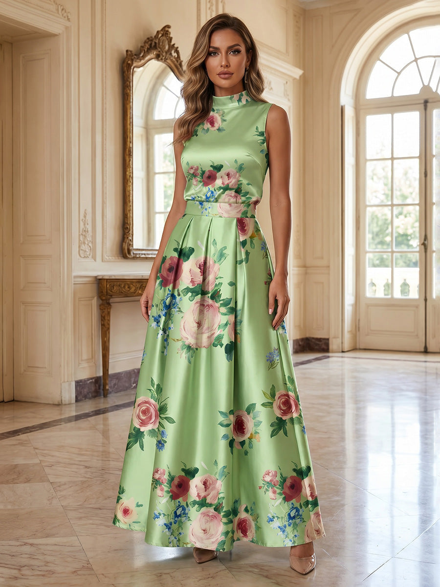 Floral Print High Neck Satin Maxi Dress