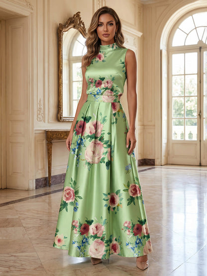 Floral Print High Neck Satin Maxi Dress