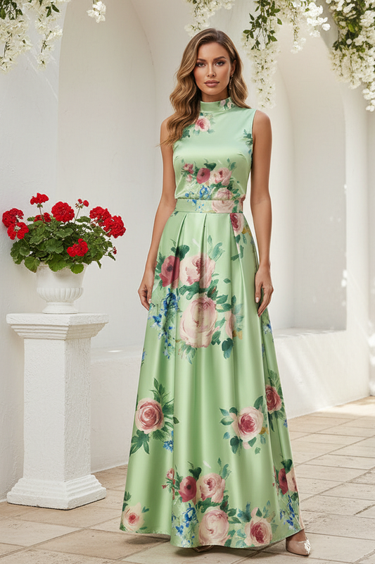 Floral Print High Neck Satin Maxi Dress