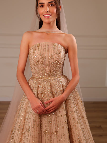 Strapless Beaded Tulle Ball Gown Wedding Dress