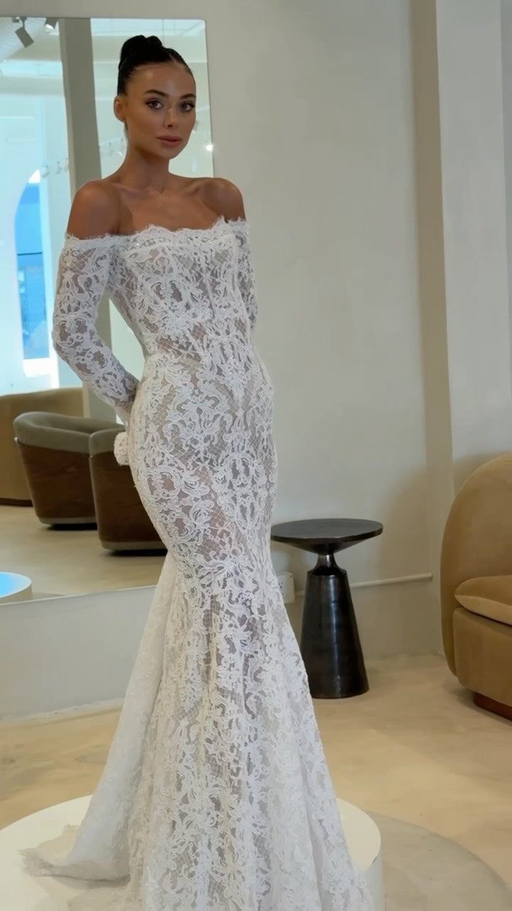 Off-the-Shoulder Lace Long Sleeve Mermaid Gown