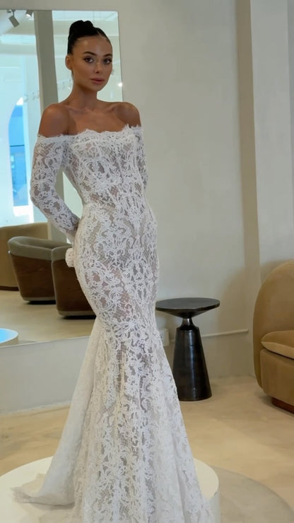 Off-the-Shoulder Lace Long Sleeve Mermaid Gown