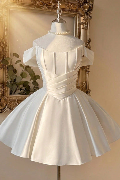 Off-the-Shoulder Pleated Satin Homecoming Dress