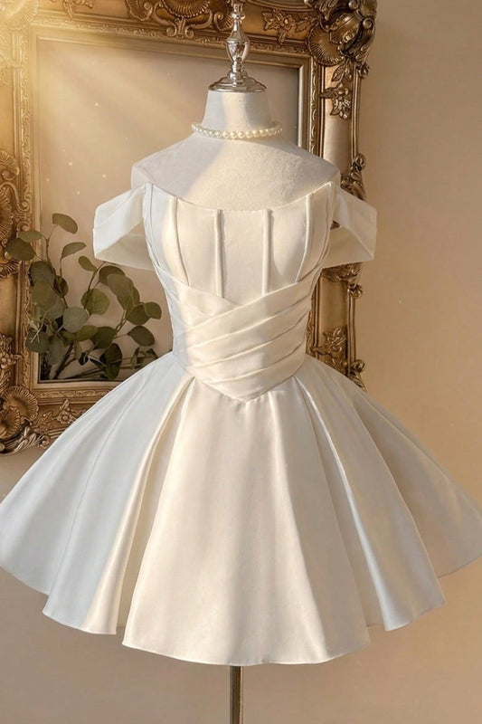 Off-the-Shoulder Pleated Satin Homecoming Dress