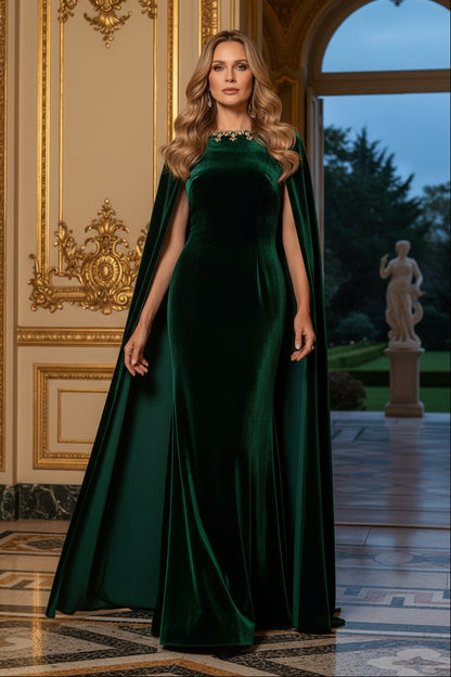 Velvet Cape Evening Gown with Beaded Neckline