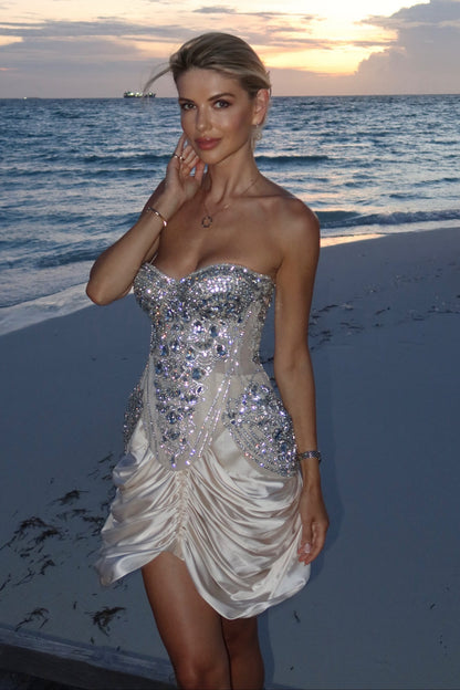 Strapless Beaded Corset Mini Dress with Ruched Skirt