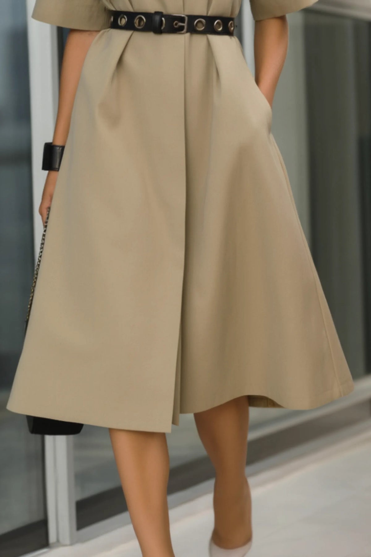 Collared Belted A-Line Midi Shirt Dress