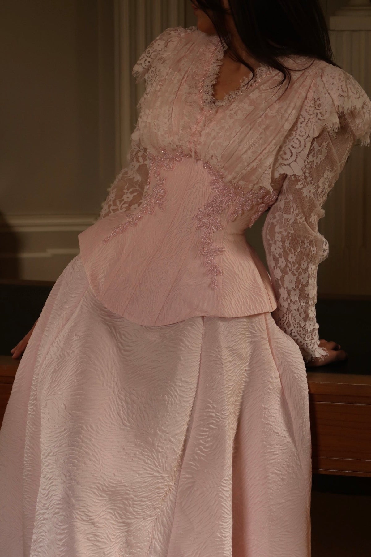 Lace Long Sleeve Corset Peplum Ball Gown