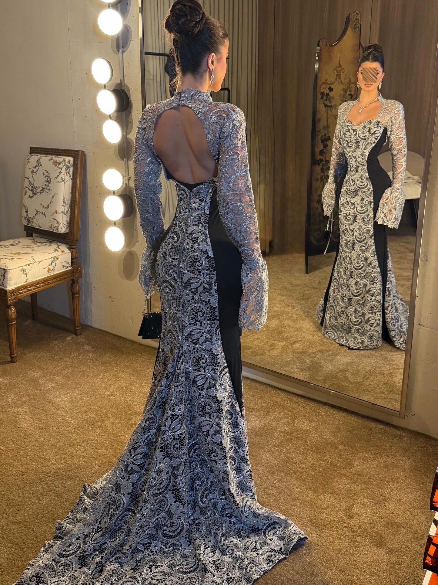 Open Back Mermaid Evening Gown with Bell Sleeves