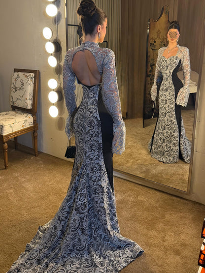 Open Back Mermaid Evening Gown with Bell Sleeves