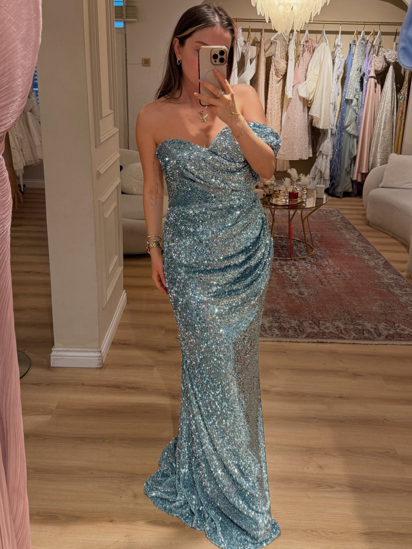 Asymmetrical Ruched Sequin Evening Gown