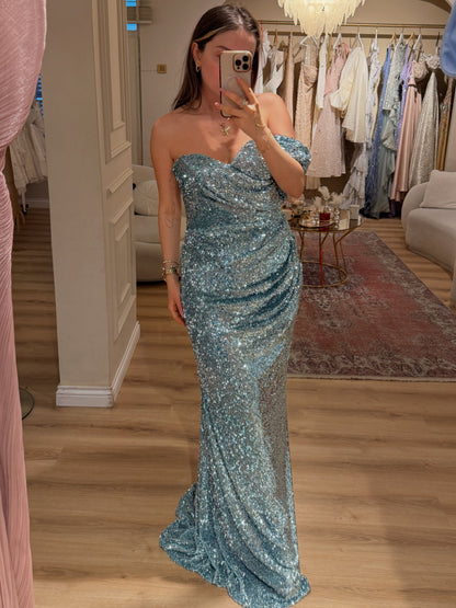 Asymmetrical Ruched Sequin Evening Gown