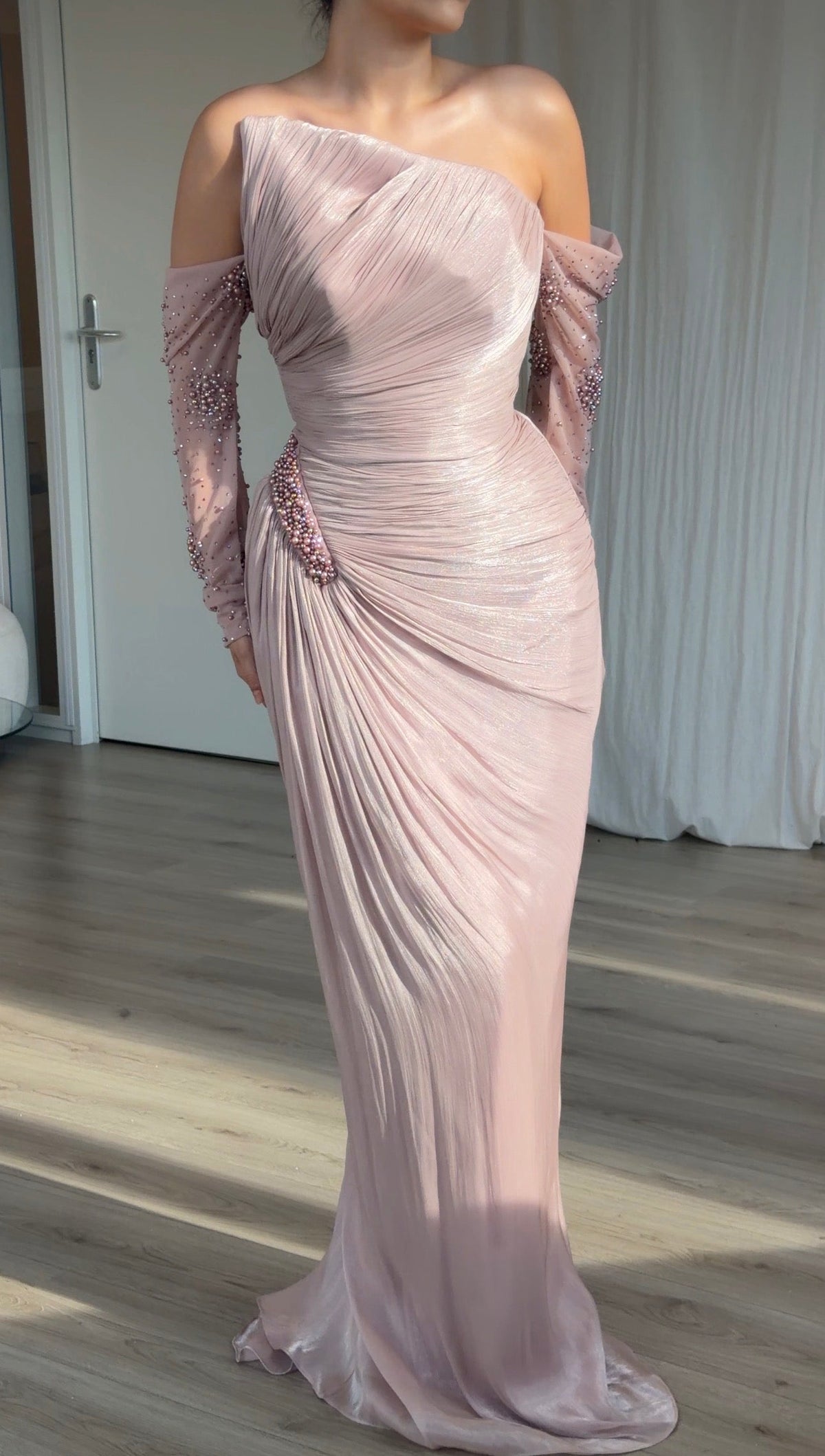 Pleated Asymmetrical Gown with Beaded Hip Accent