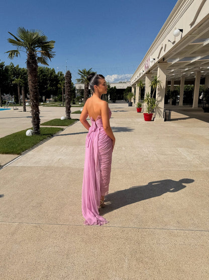 Strapless Pleated Evening Gown with High Slit