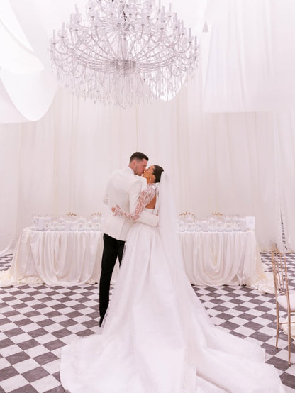 Embroidered High-Neck Ball Gown Wedding Dress with Pockets