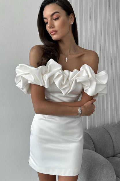 Dramatic Ruffle Off-Shoulder Mini Satin Dress