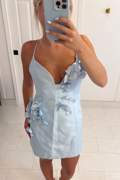3D Floral Applique Spaghetti Strap Mini Dress