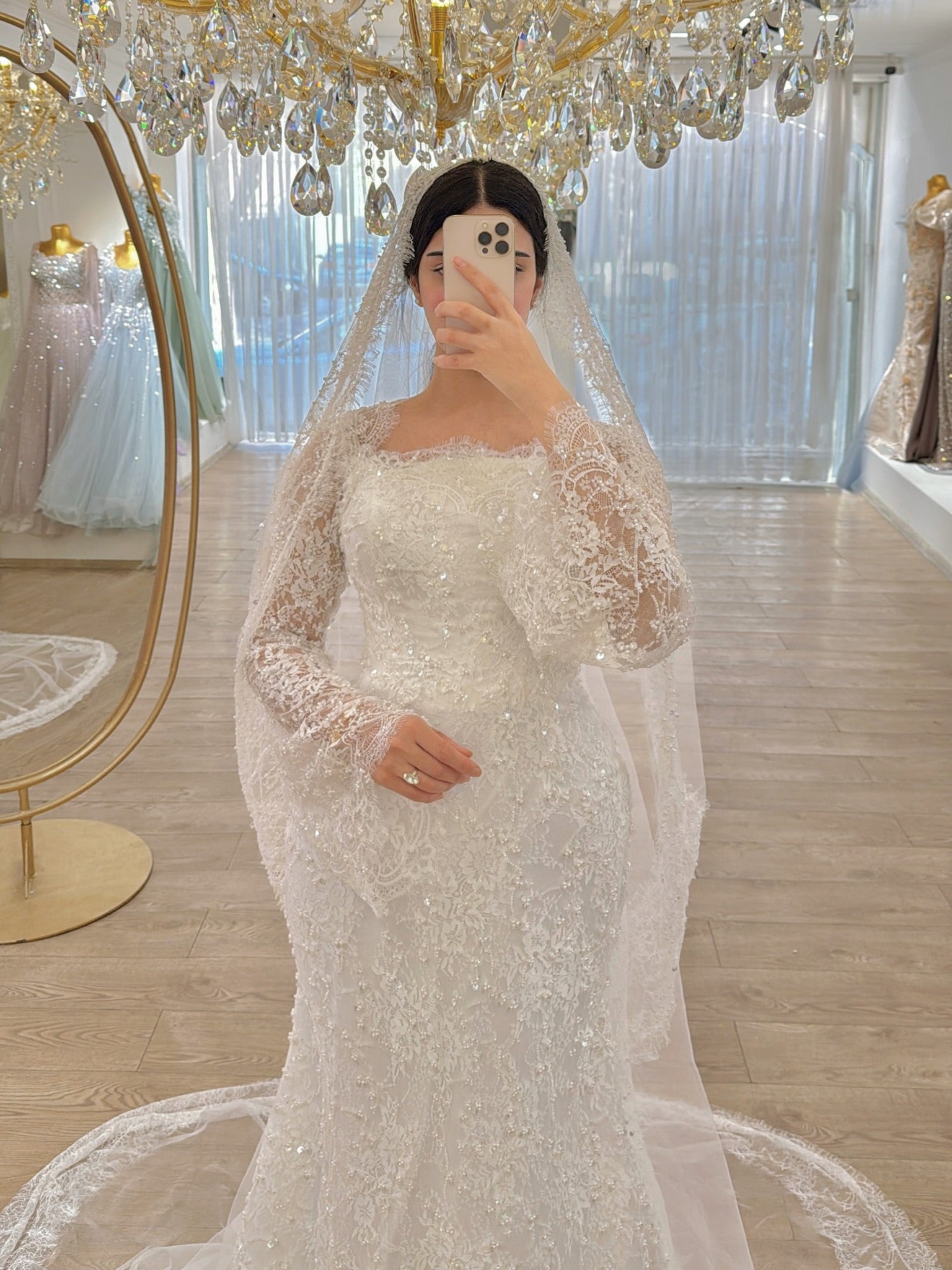 Square Neck Bell Sleeve Lace Trumpet Wedding Dress
