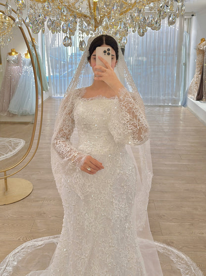Square Neck Bell Sleeve Lace Trumpet Wedding Dress