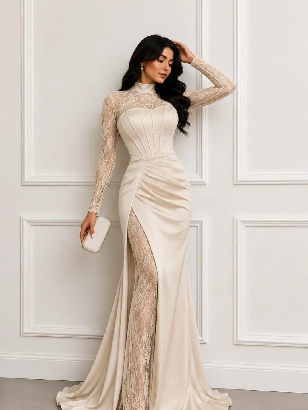 High Neck Lace & Satin Gown with High Slit