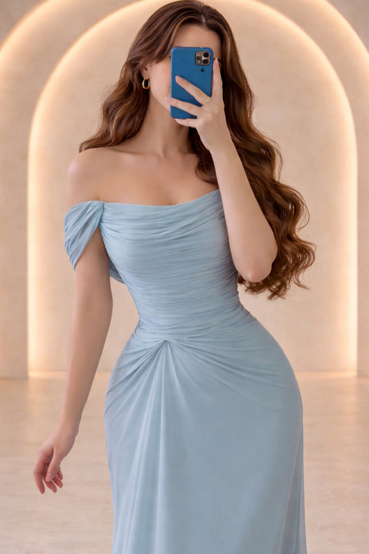 Off-Shoulder Ruched Column Gown