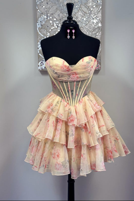 Strapless Corset Tiered Ruffle Floral Mini Dress