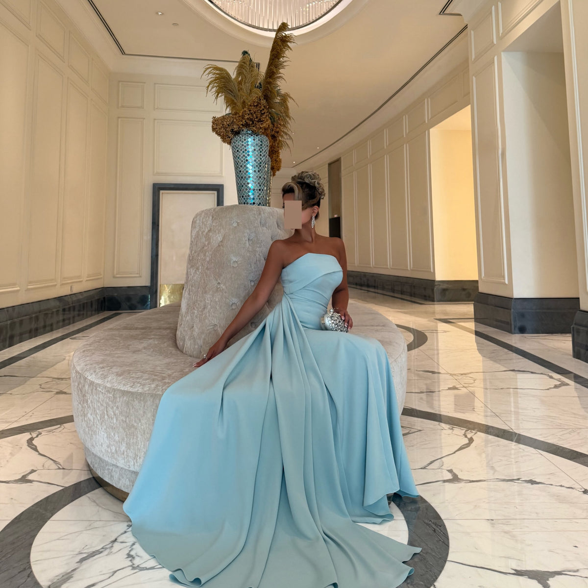 Strapless Asymmetric Bodice Gown with Back Train