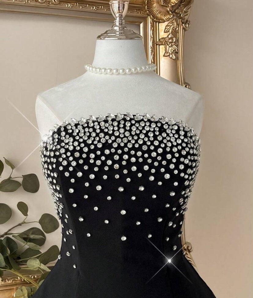 Asymmetrical Strapless Tulle Mini Dress with Rhinestones