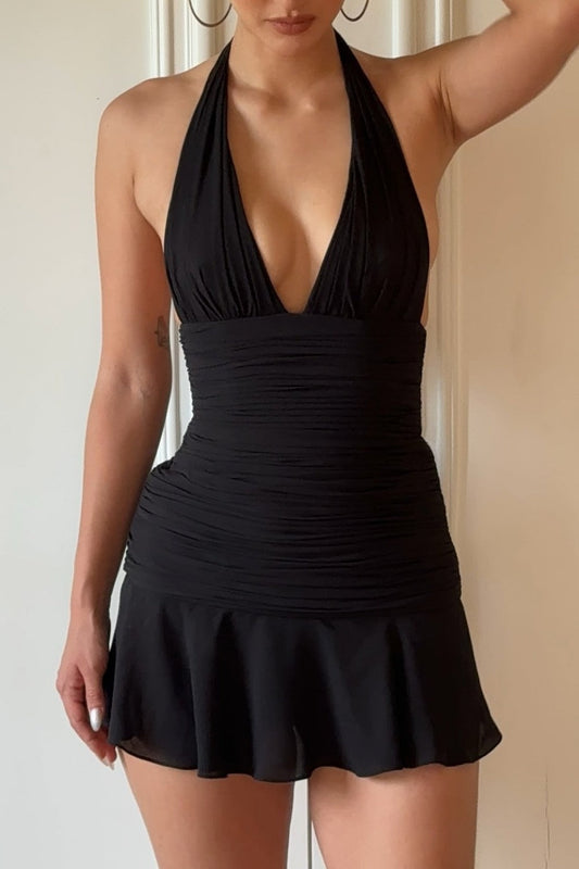 Deep V-Neck Ruched Halter Mini Dress