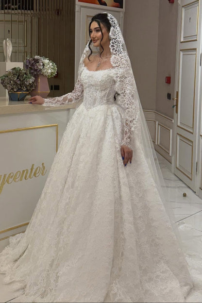 Off-the-Shoulder Lace Long Sleeve Ball Gown Wedding Dress